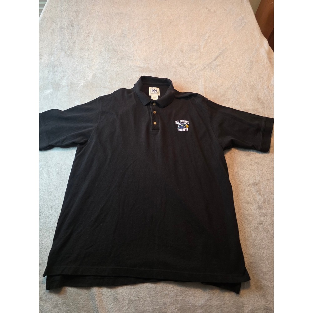 Vintage Lee Sport Polo Shirt Mens XL Black New Orleans Hornets NBA Embroidered